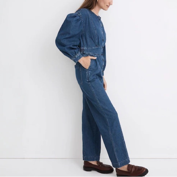 Madewell Jumpsuit Womens 8 Denim Straight-Leg Puff Long Sleeve Utility Carpenter - Picture 2 of 9